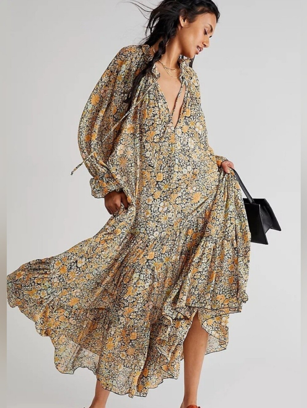 Free People Feeling Groovy Maxi Dress Size XS Floral Boho Tiered Oversized